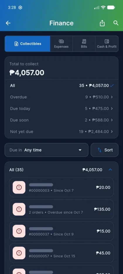 TindaOne finance collectibles with customer names hidden