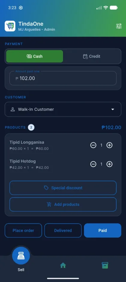 TindaOne sell screen with a cart of two products